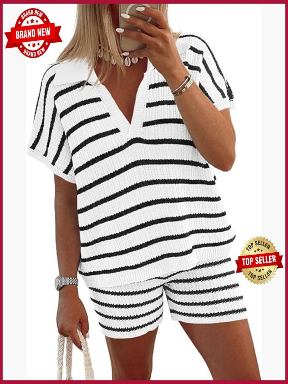Striped Knit V-Neck Short Sleeve Top and Shorts Lounge Set